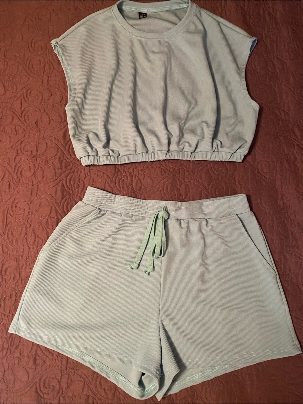 SHEIN Light Mint Drawstring Shorts Set